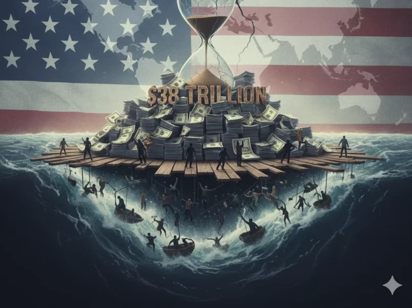 U.S. Treasury Department building with debt headline overlay