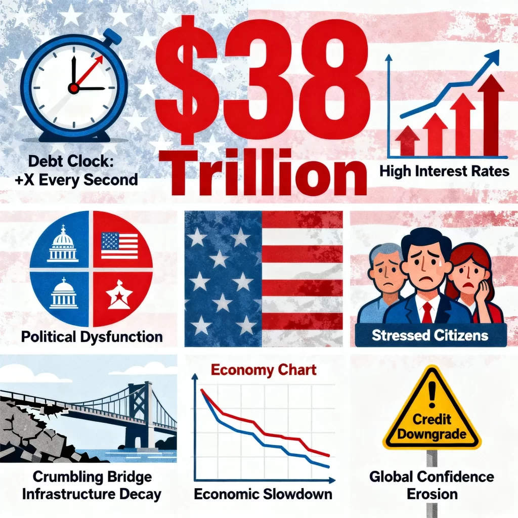 Graph showing U.S. national debt reaching $38 trillion in 2025