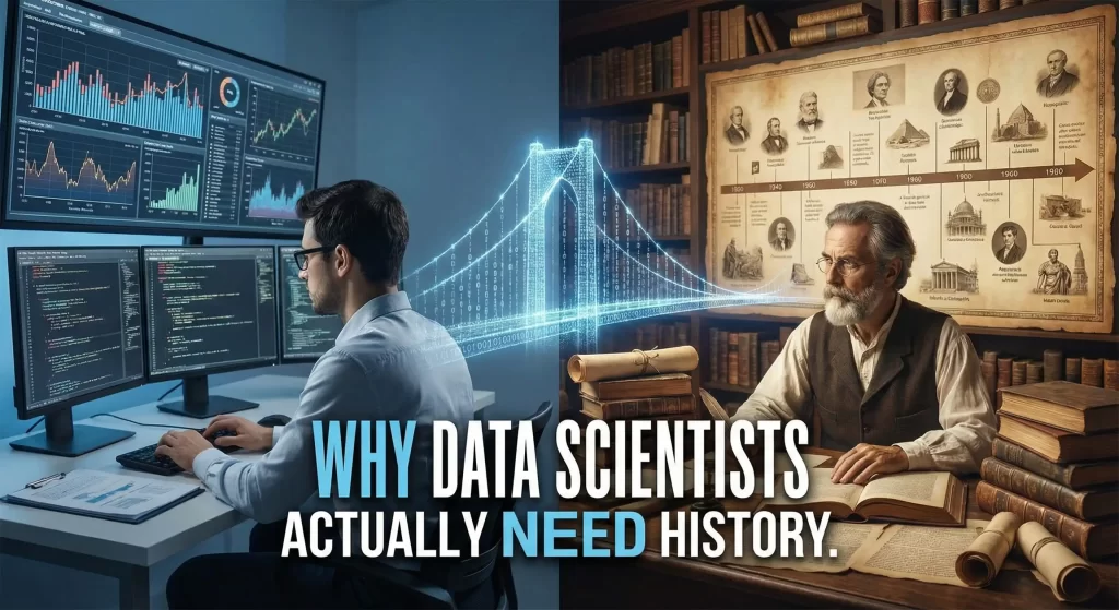 Data scientist reviewing historical datasets